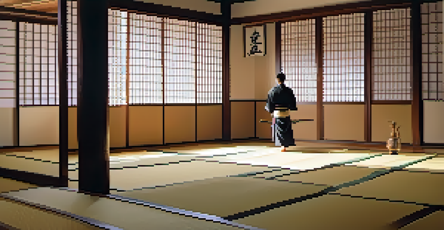A samurai practicing sword techniques in a traditional Japanese dojo with natural light and wooden floors.