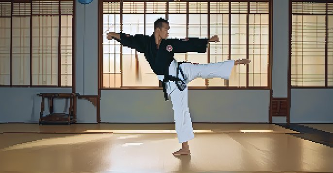 A martial artist executing a high kick in a dojo with natural light illuminating the scene.