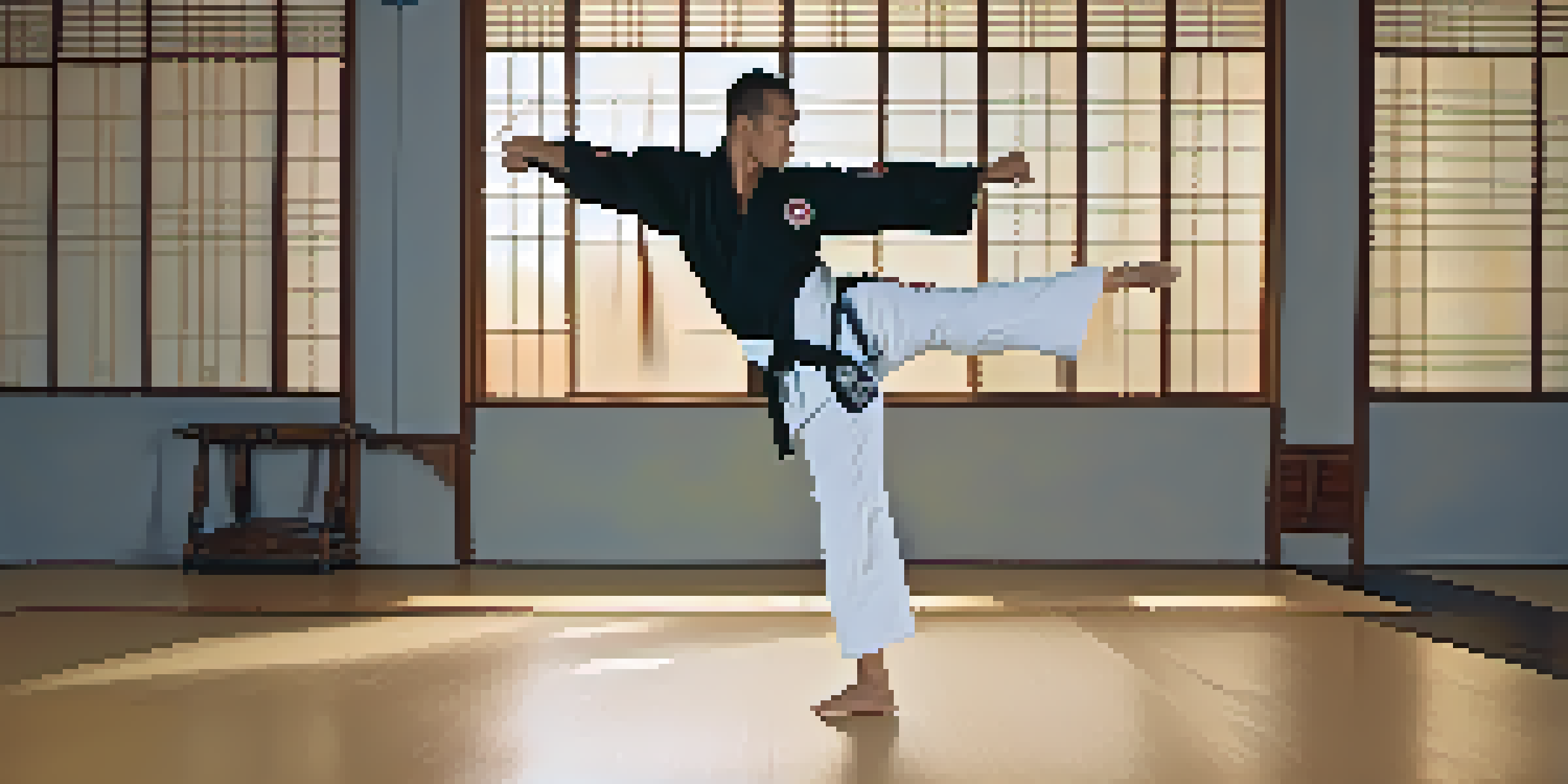 A martial artist executing a high kick in a dojo with natural light illuminating the scene.