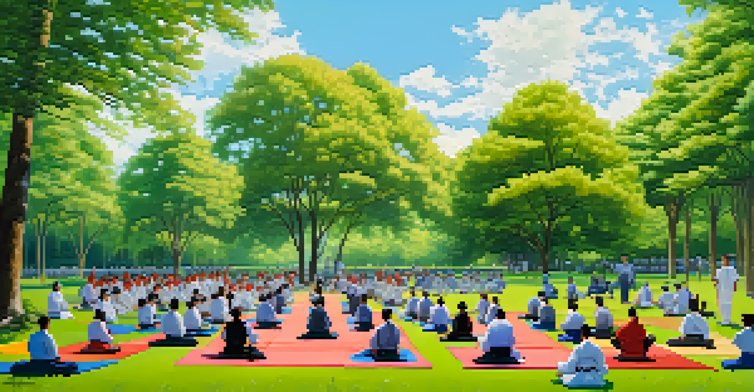 A community martial arts workshop in a park with participants of all ages practicing together under a blue sky and green trees.