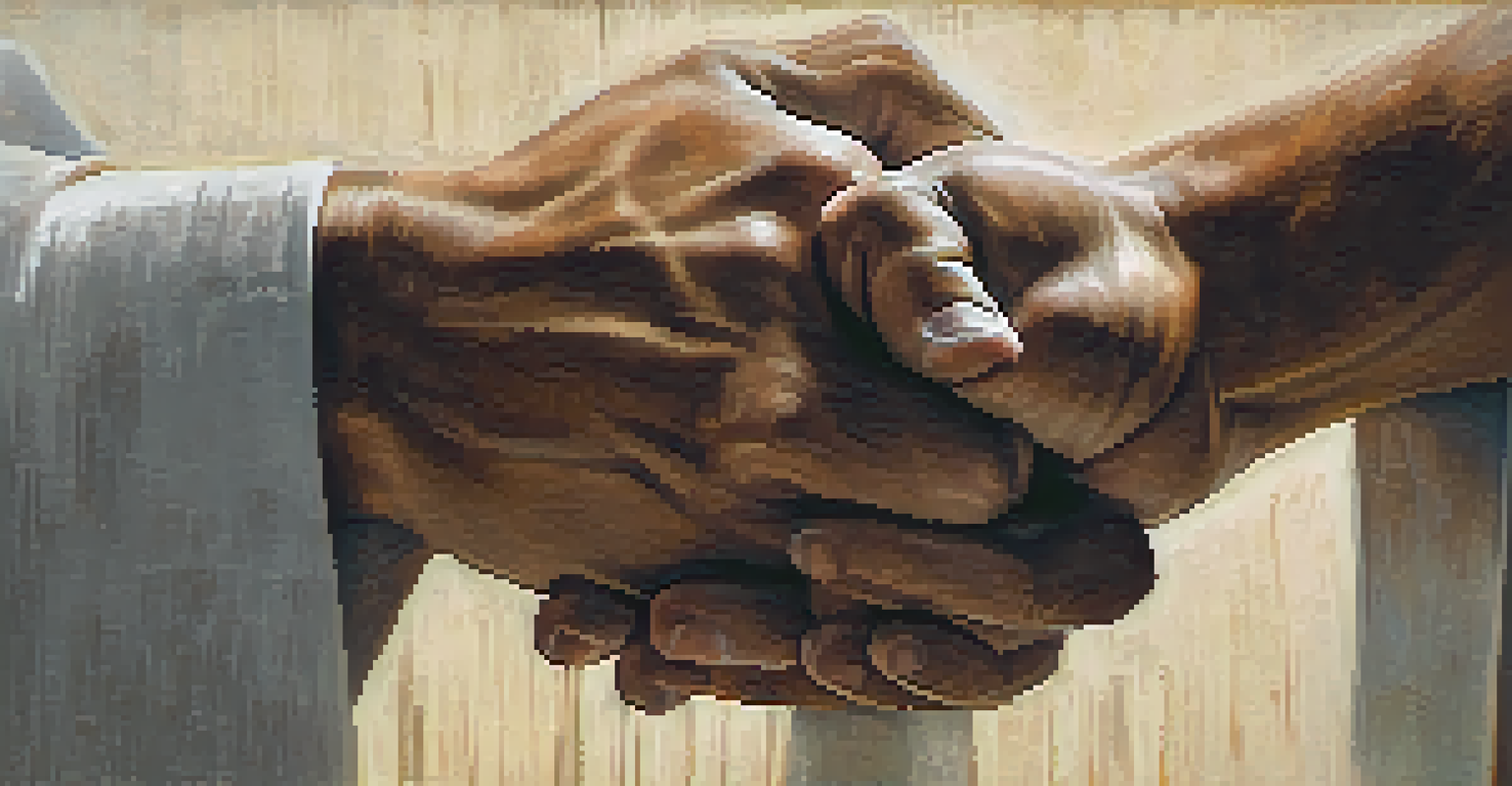 A close-up of two hands clasped in respect, representing the bond between martial artists, with a blurred dojo in the background.