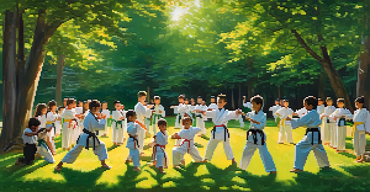 Children in colorful martial arts uniforms engaging in a sparring session in a park, with an instructor demonstrating a technique under the sunlight.