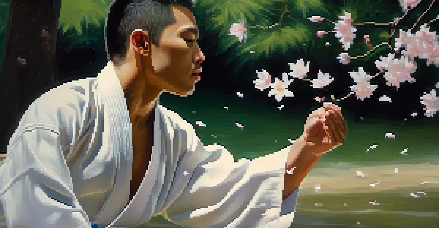 A martial artist in a meditative pose, highlighting mindfulness and tranquility in nature.