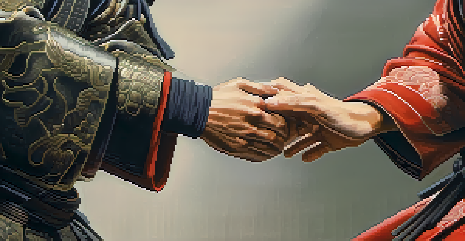 Close-up of a samurai's hands demonstrating a joint lock technique during training.