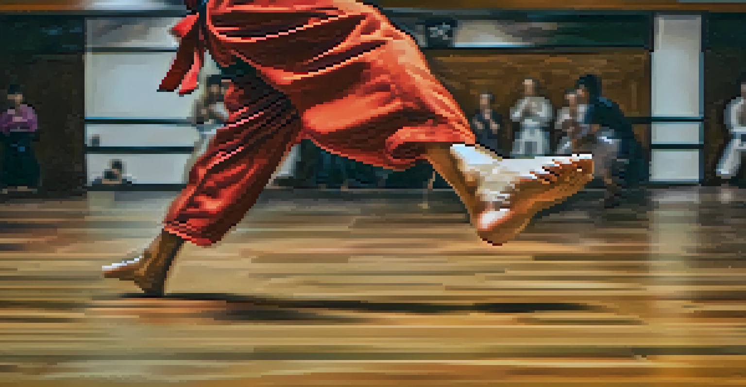 Close-up of a martial artist's feet executing a high kick in a dojo setting.