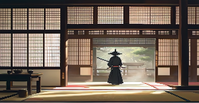A peaceful dojo scene featuring a samurai practicing iaijutsu in traditional attire, with soft sunlight filtering through shoji screens.