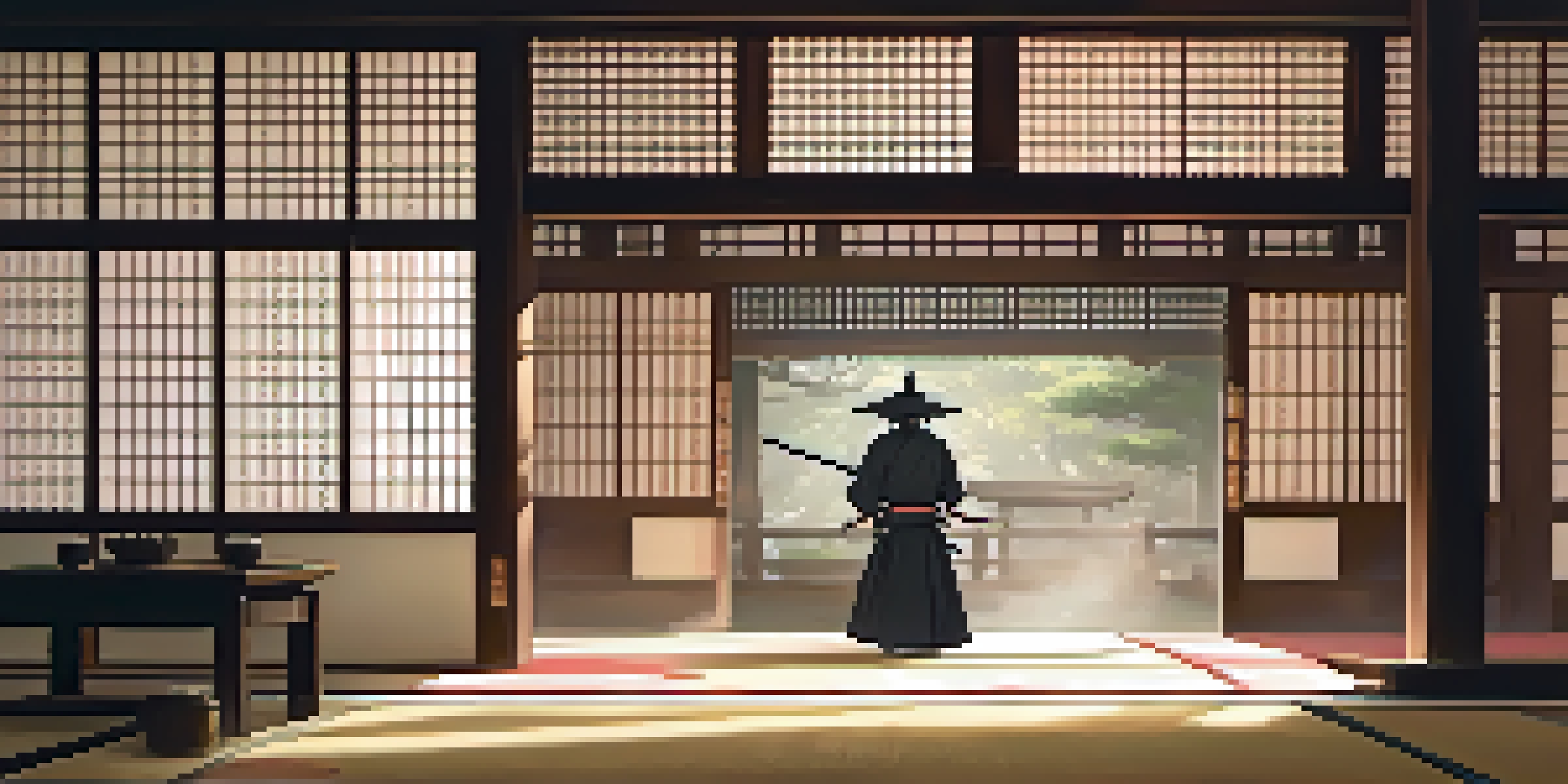 A peaceful dojo scene featuring a samurai practicing iaijutsu in traditional attire, with soft sunlight filtering through shoji screens.