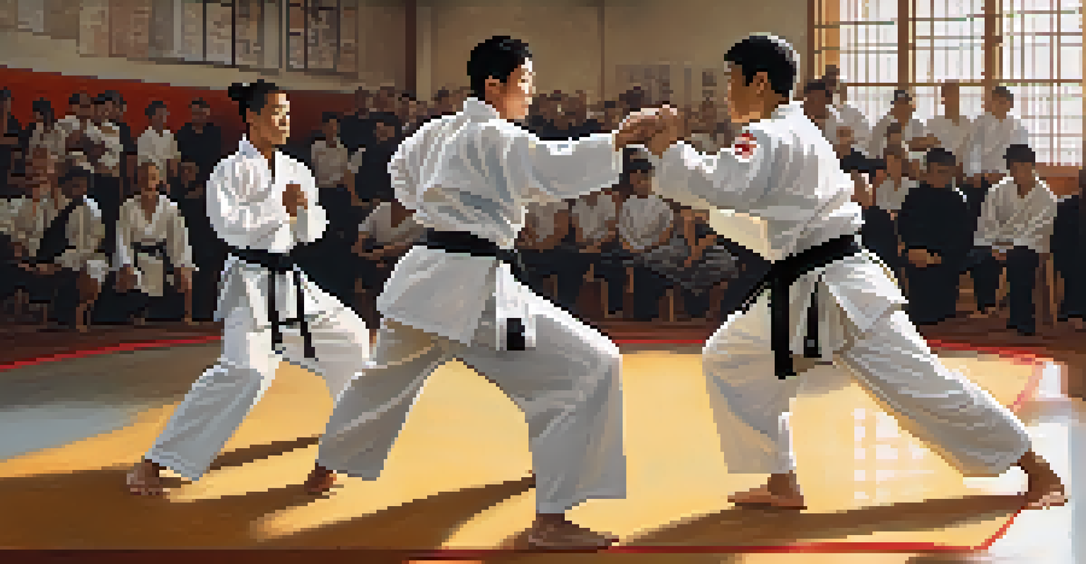 Two martial artists sparring in a gym, with classmates cheering in the background.