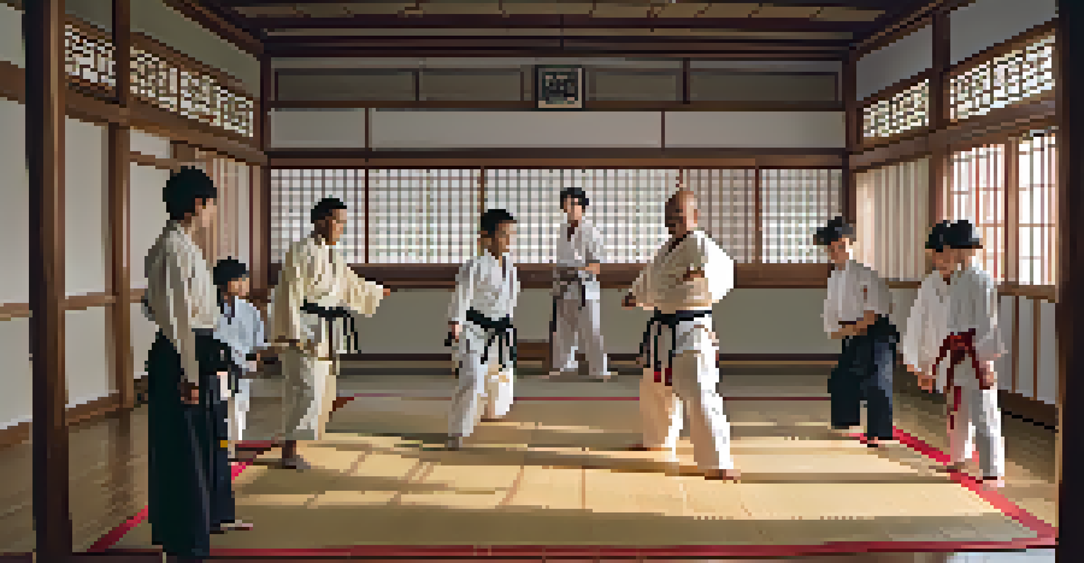 A martial arts instructor teaching students in a dojo, highlighting diversity and teamwork.
