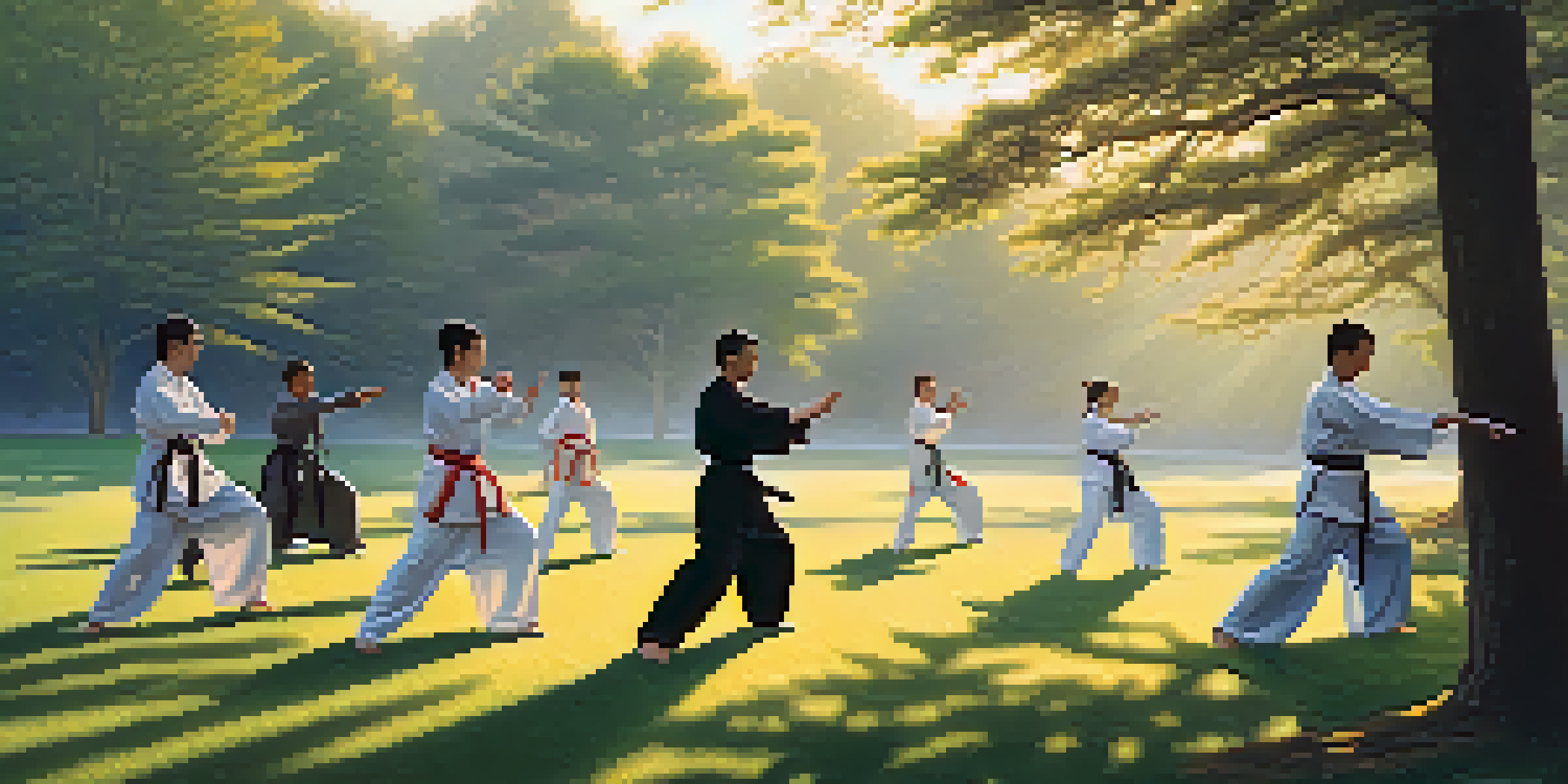A group of diverse martial arts practitioners in traditional uniforms practicing tai chi outdoors at dawn, with a scenic sunrise and lush green surroundings.