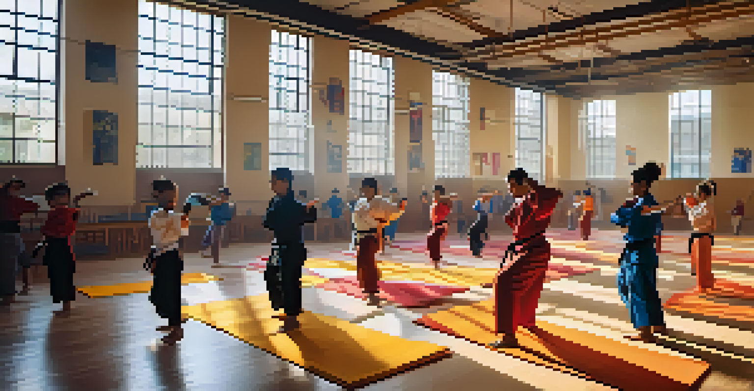 A diverse group of martial arts practitioners training energetically in a bright gym.