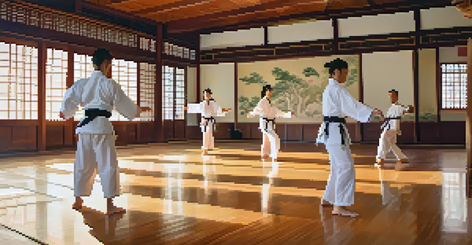 A group of diverse students practicing tai chi in a serene dojo with soft morning light and bamboo plants.