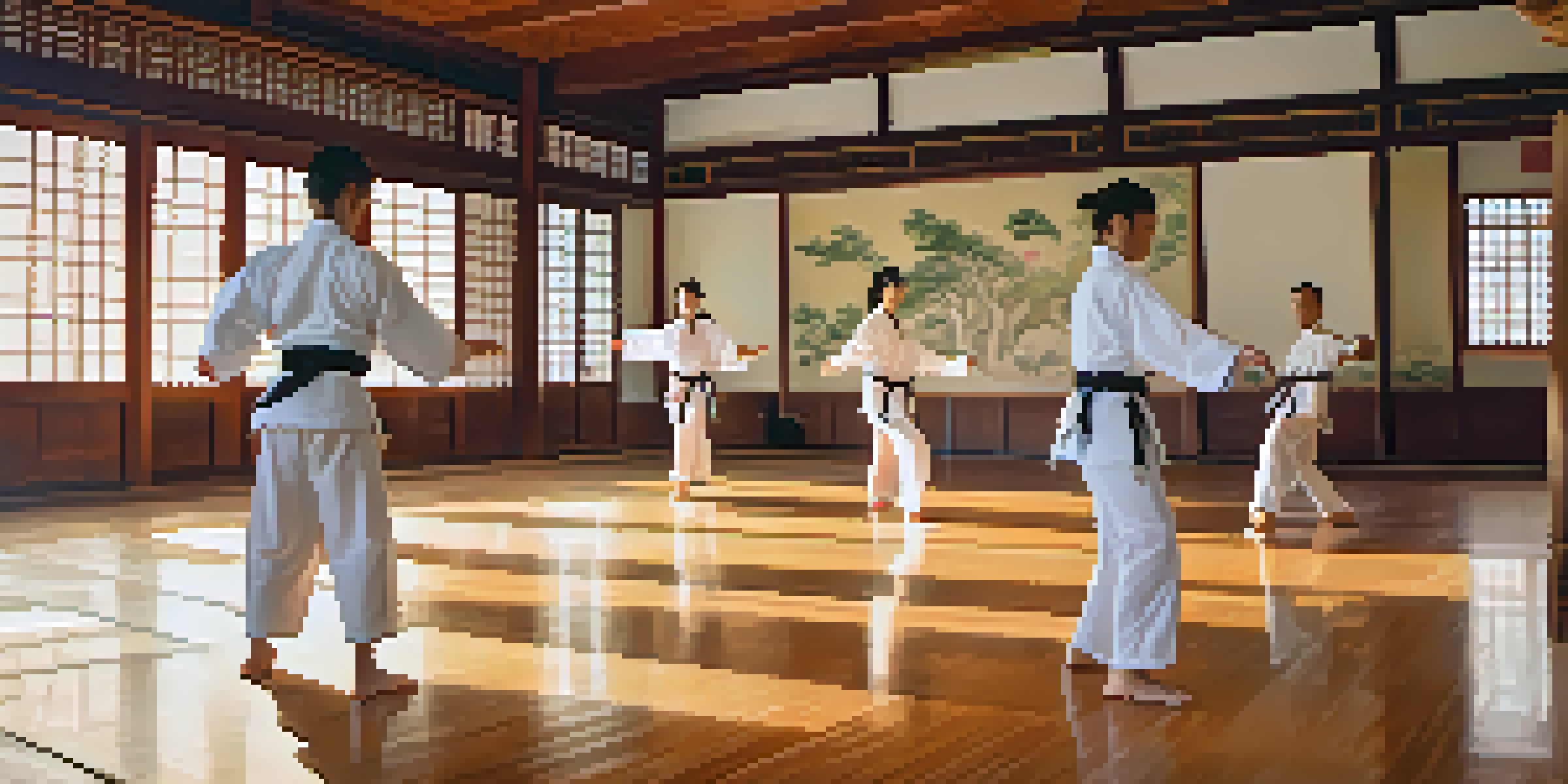 A group of diverse students practicing tai chi in a serene dojo with soft morning light and bamboo plants.