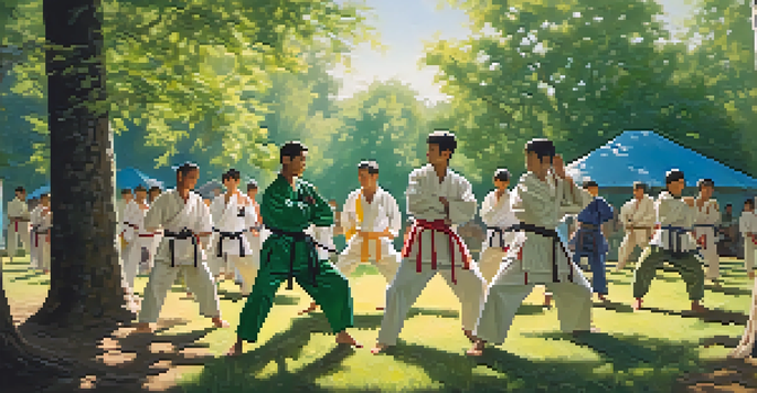 A diverse group of martial artists training outdoors, performing various techniques under the sunlight surrounded by greenery.