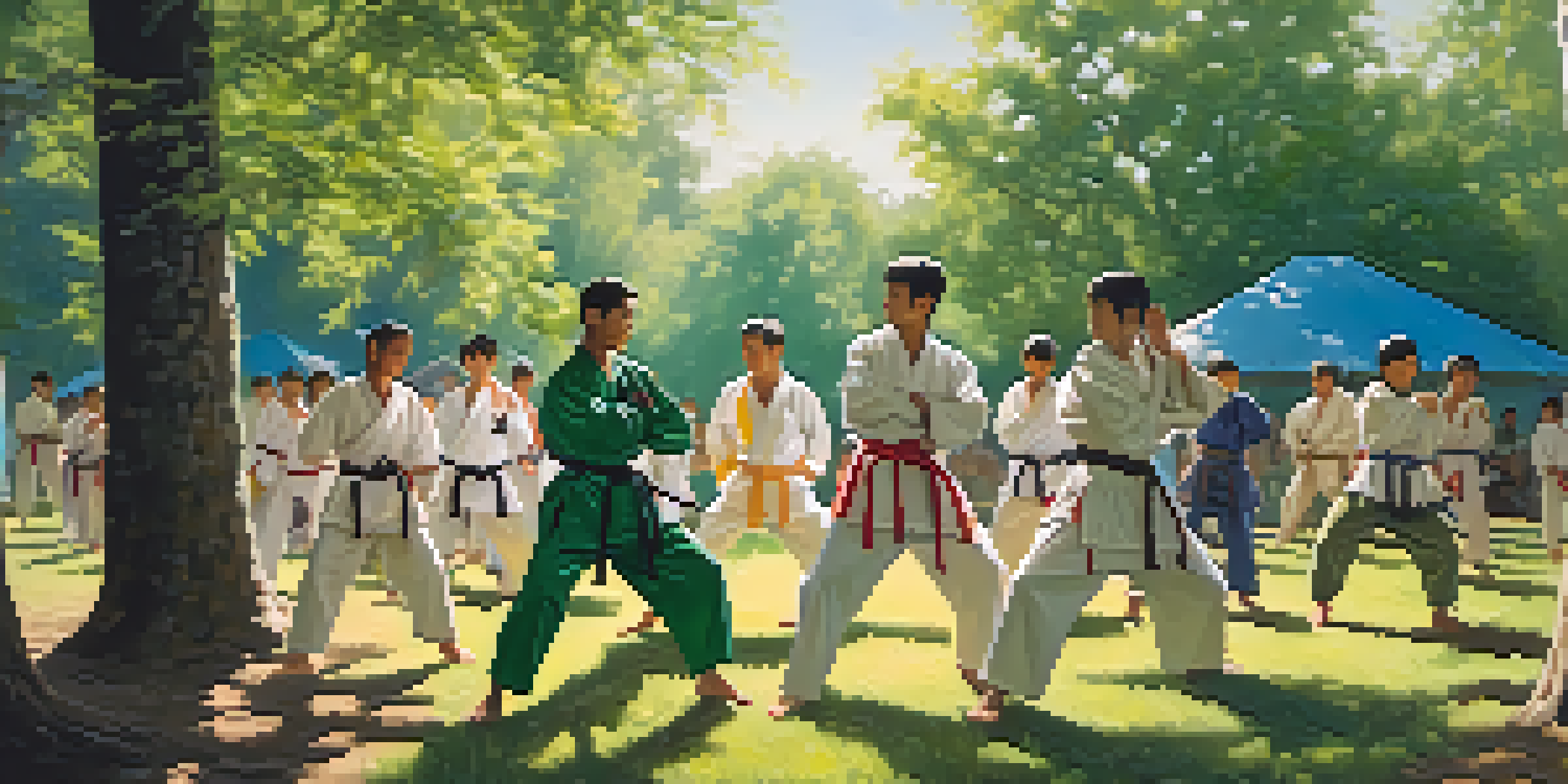 A diverse group of martial artists training outdoors, performing various techniques under the sunlight surrounded by greenery.