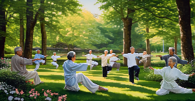 A group of seniors practicing Tai Chi in a sunny park, surrounded by flowers and a pond.
