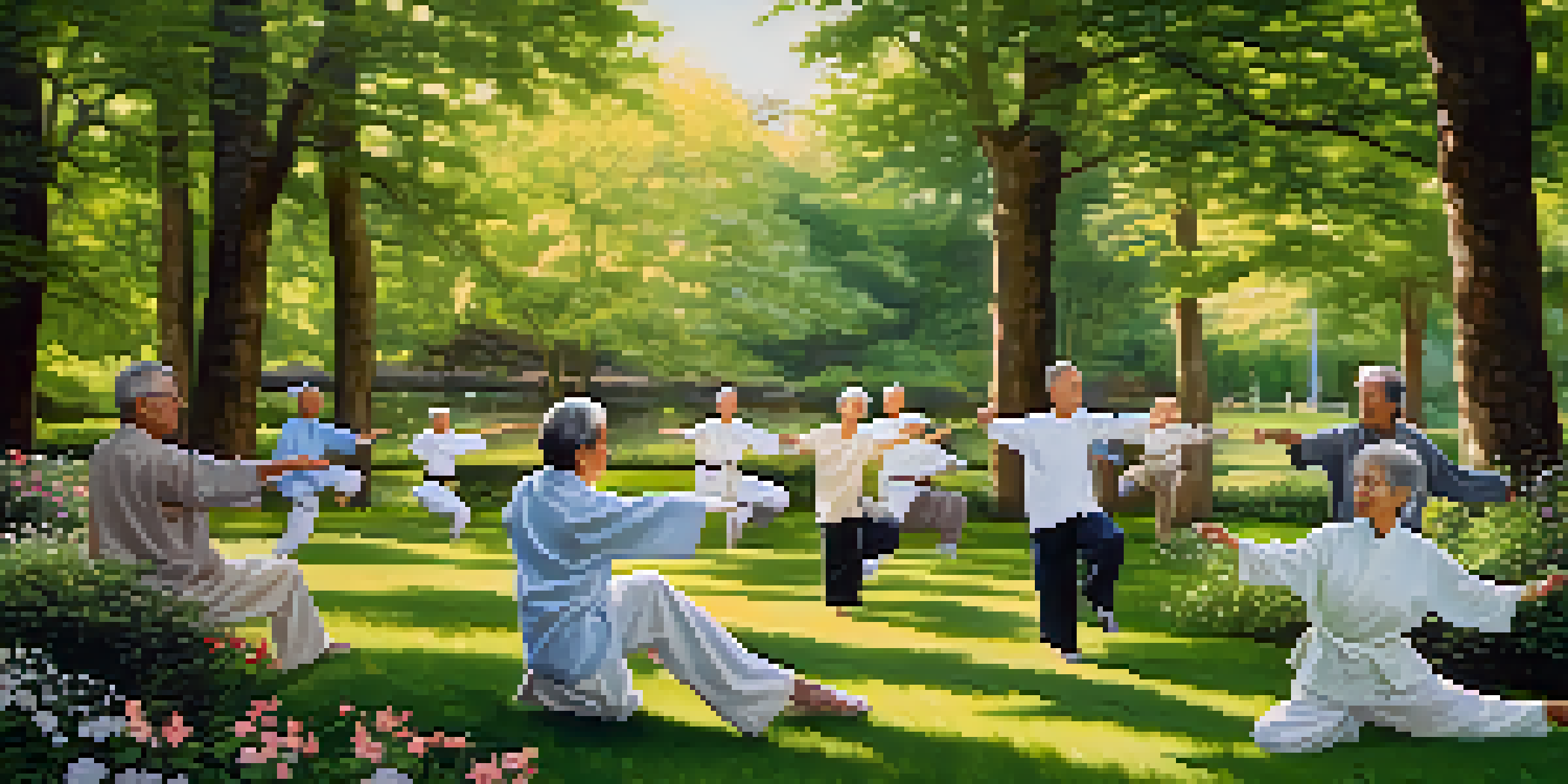 A group of seniors practicing Tai Chi in a sunny park, surrounded by flowers and a pond.