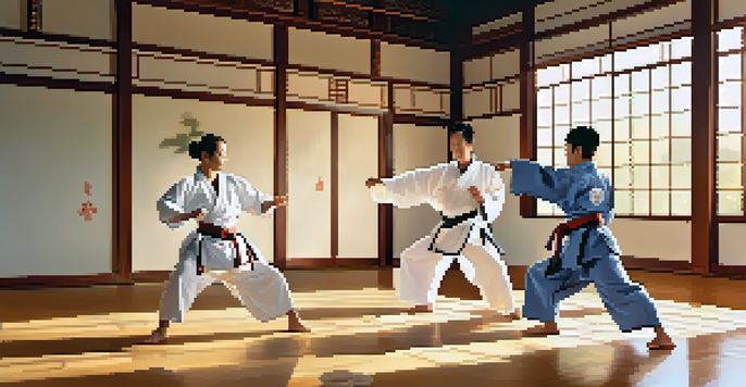 A diverse group of individuals practicing martial arts in a sunlit dojo with polished wooden floors and traditional decorations.