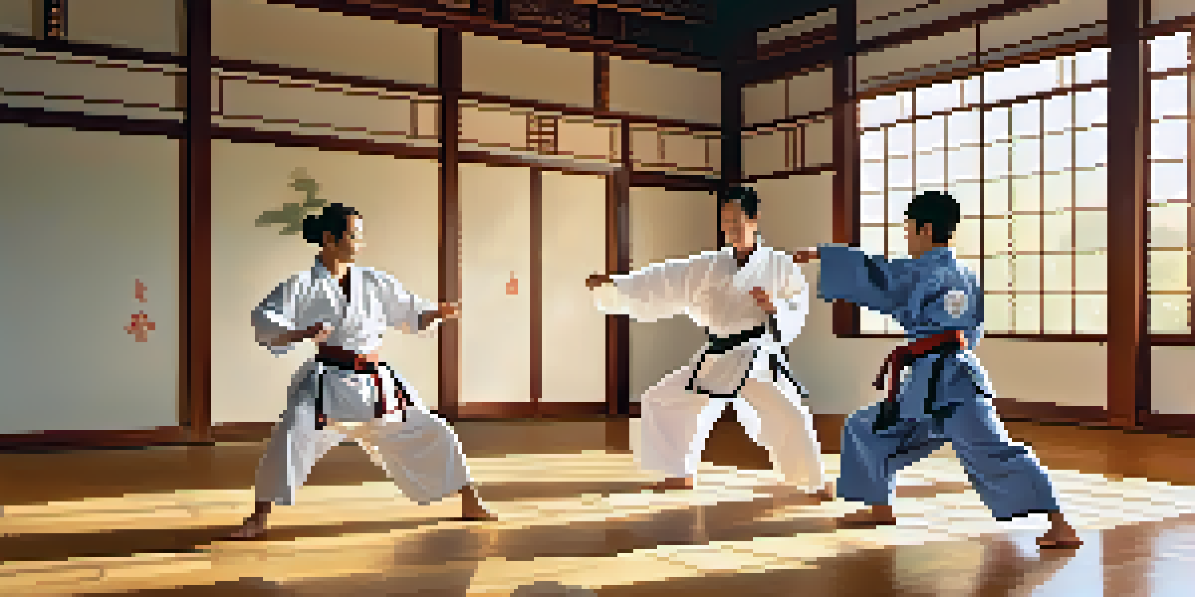 A diverse group of individuals practicing martial arts in a sunlit dojo with polished wooden floors and traditional decorations.