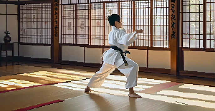 A martial artist practicing a high kick in a serene dojo with wooden floors and sunlight coming through windows.