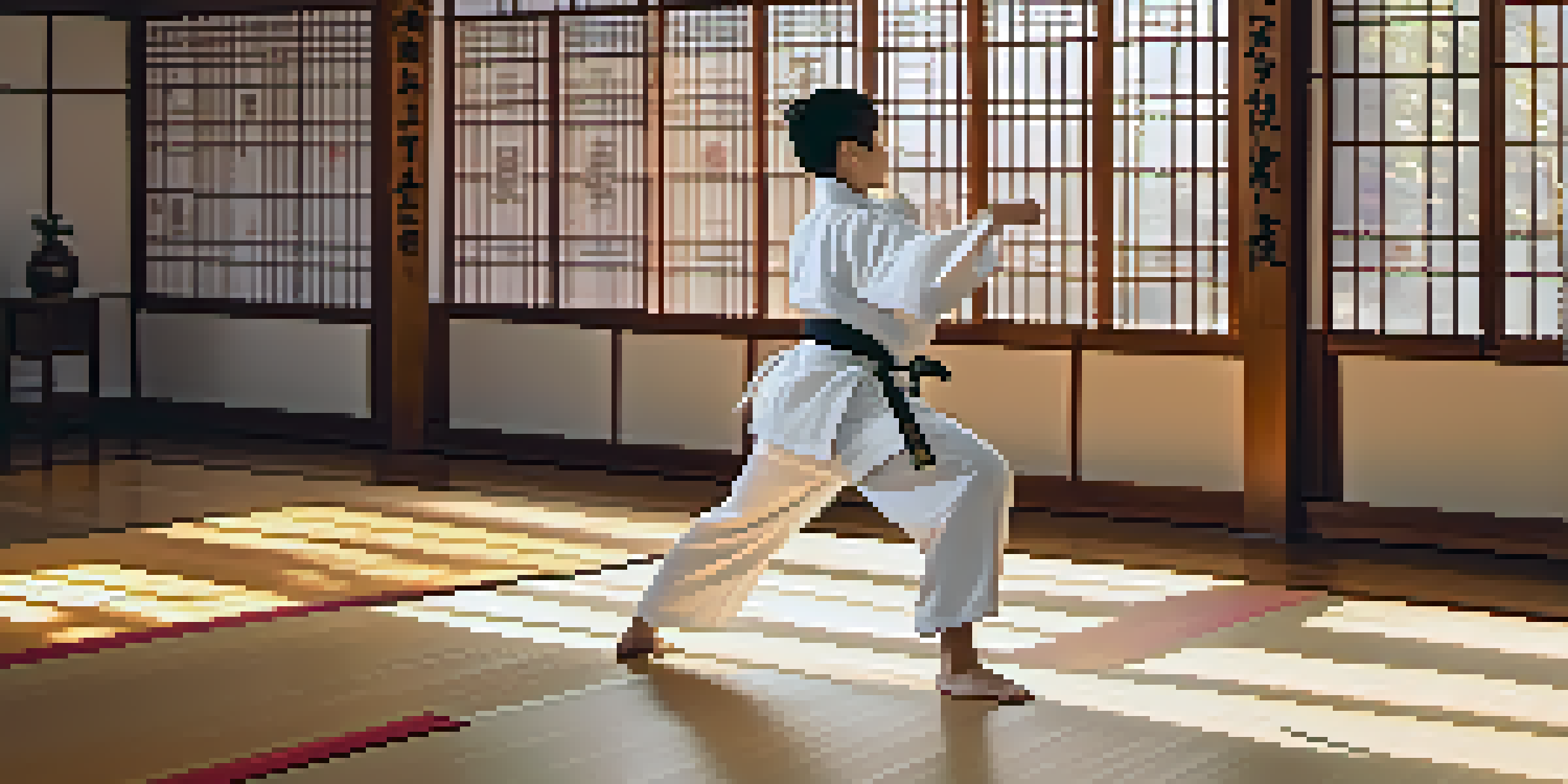 A martial artist practicing a high kick in a serene dojo with wooden floors and sunlight coming through windows.