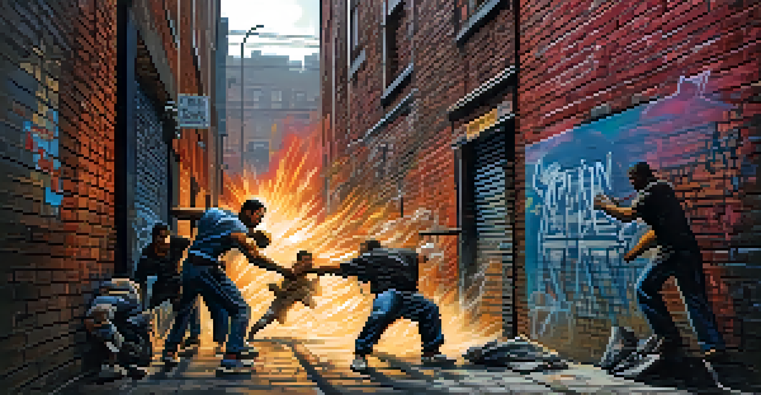 A street fight in an urban alley, with one fighter throwing a punch and the other ducking under it, surrounded by graffiti.