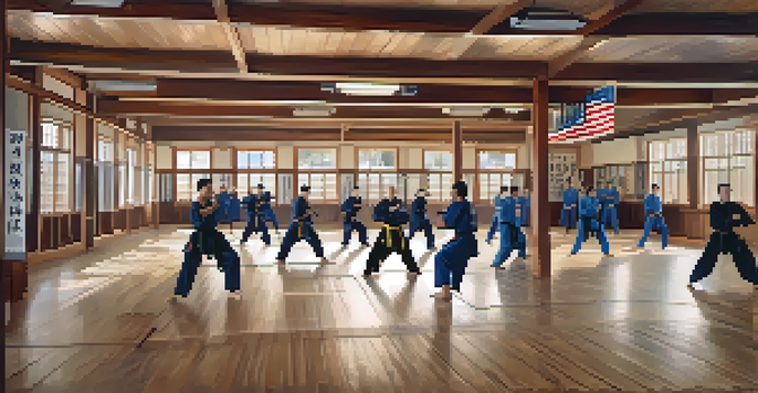 A peaceful martial arts dojo filled with veterans practicing in their uniforms, with natural light streaming in and inspirational decorations on the walls.