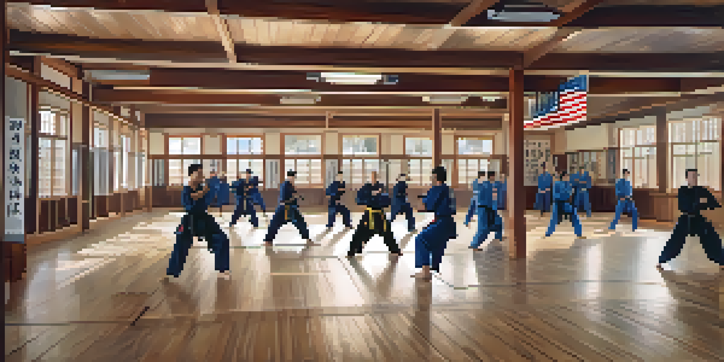 A peaceful martial arts dojo filled with veterans practicing in their uniforms, with natural light streaming in and inspirational decorations on the walls.