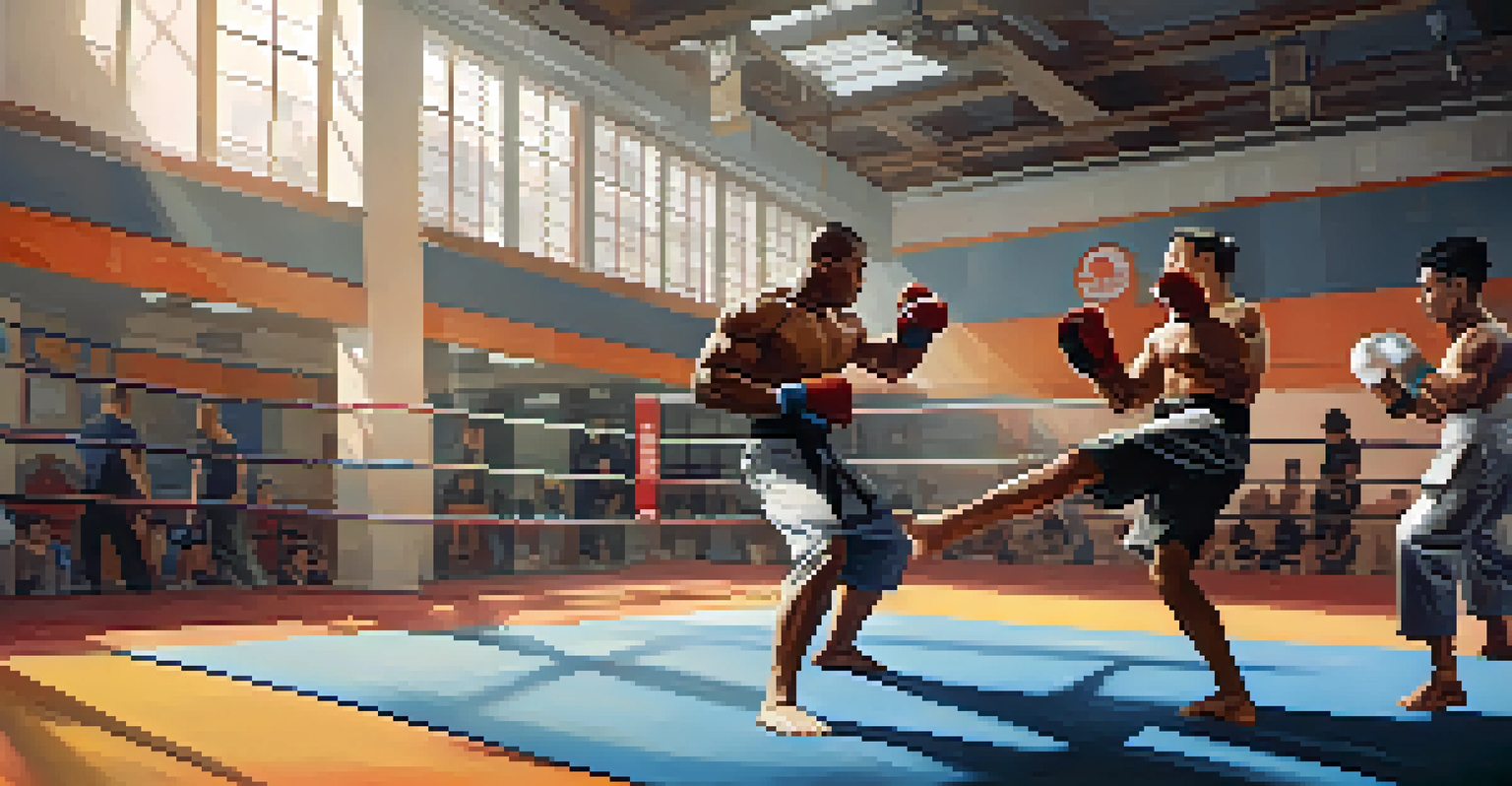 A diverse group of martial artists sparring in a modern gym, showcasing different combat styles and training gear under bright natural light.