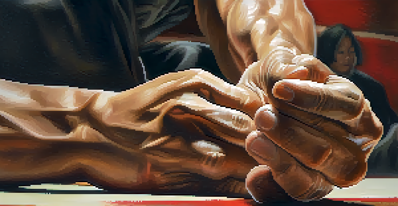 Close-up of a martial artist's hands gripping a traditional weapon, showcasing strength and detail.