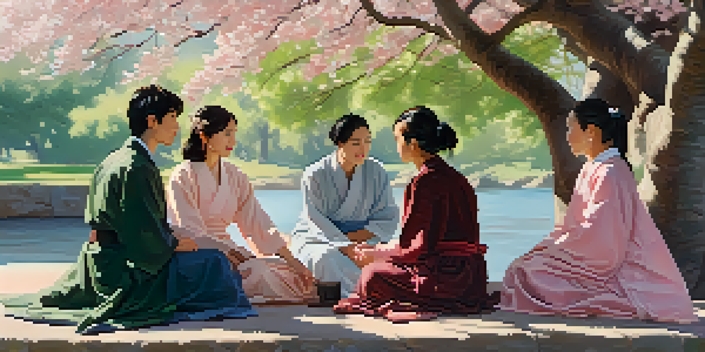 A group of diverse individuals having a peaceful discussion under a cherry blossom tree, showcasing collaboration and understanding.