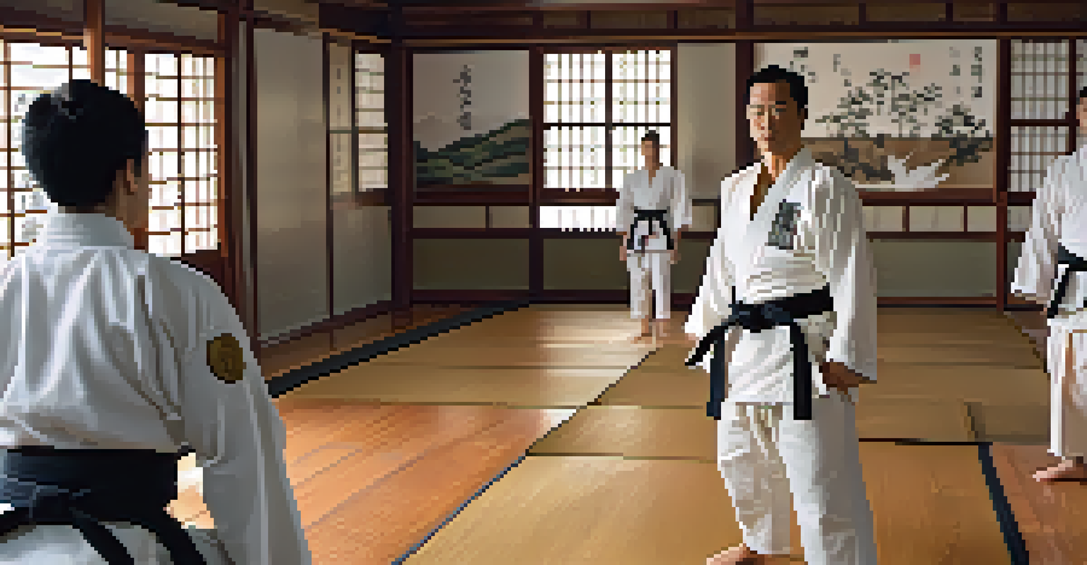 A focused martial arts instructor in a dojo, wearing a traditional gi and black belt, with students practicing in the background. The scene is illuminated by soft natural light.