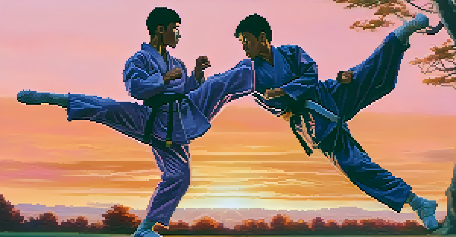 Two martial artists sparring outdoors in a park at sunset, demonstrating respect for each other's space and boundaries.