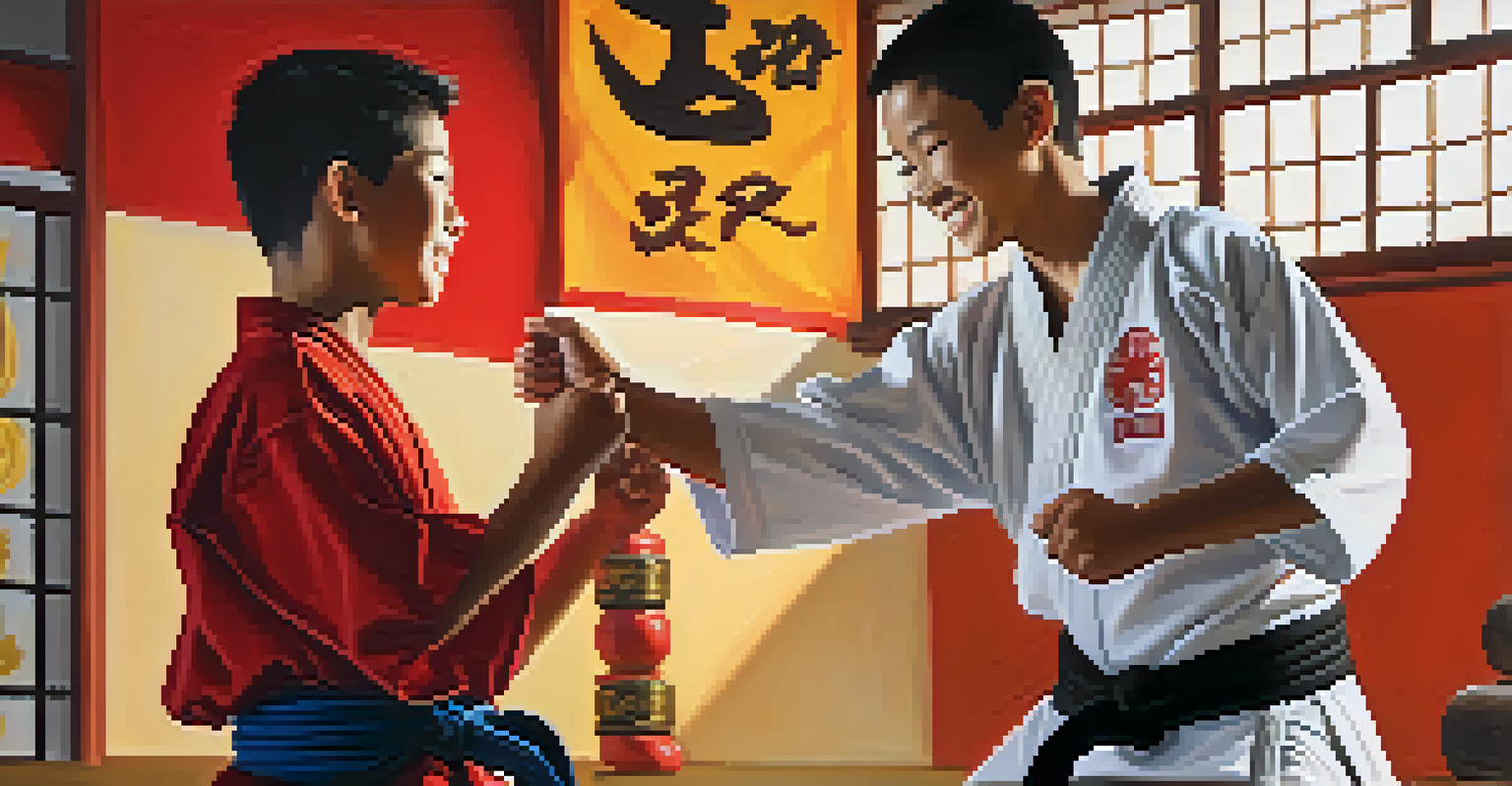 A mentor presenting a new belt to a young martial arts student, celebrating their achievement in a colorful dojo.