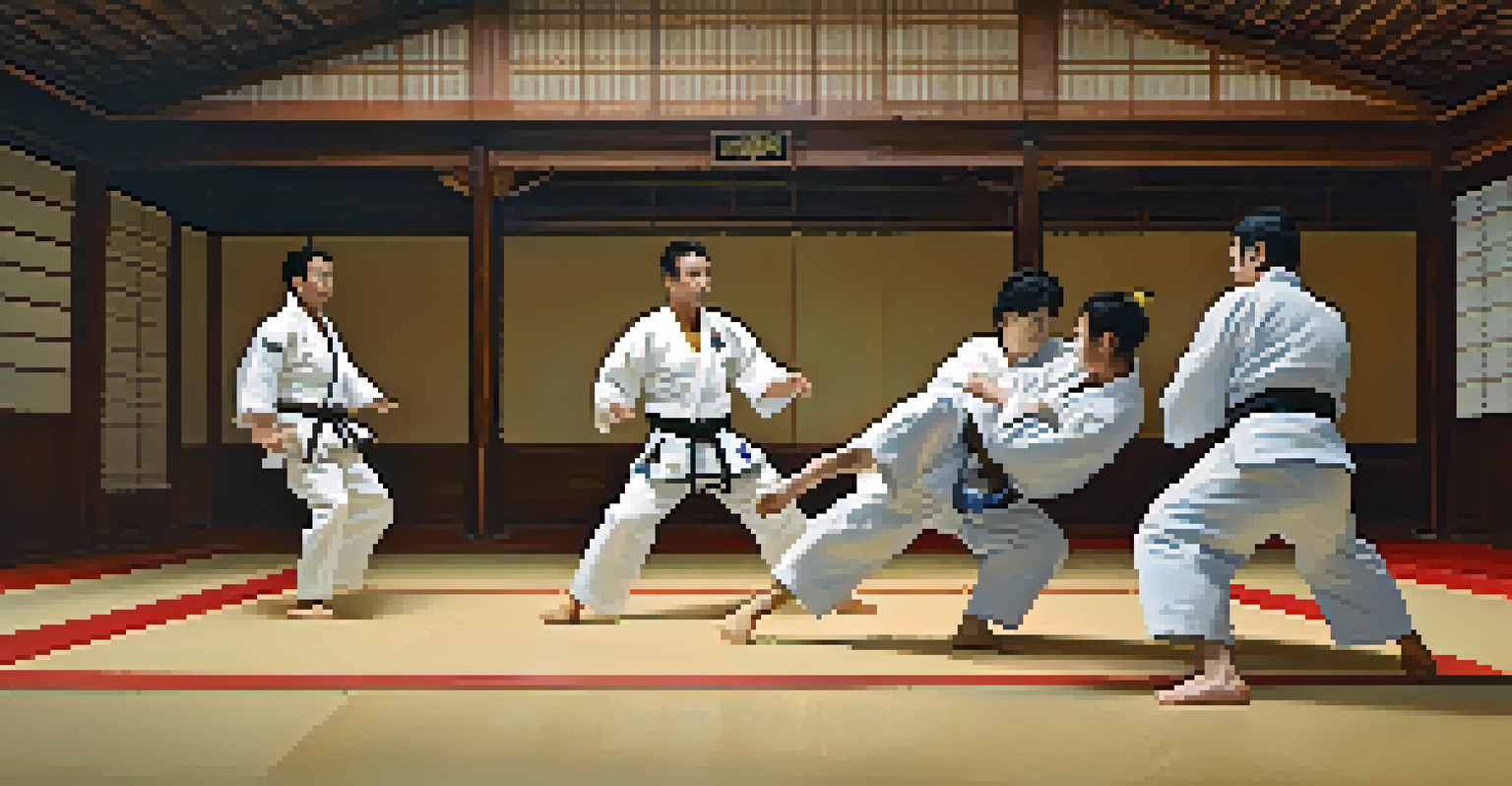 Judo team members practicing throws and falls in a dojo, showcasing trust and teamwork.