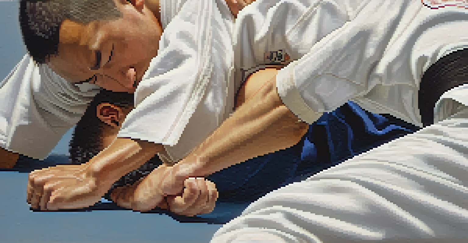 A judoka in a close-up view performing an arm lock hold on a mat, highlighting the technique and concentration of the practitioner.