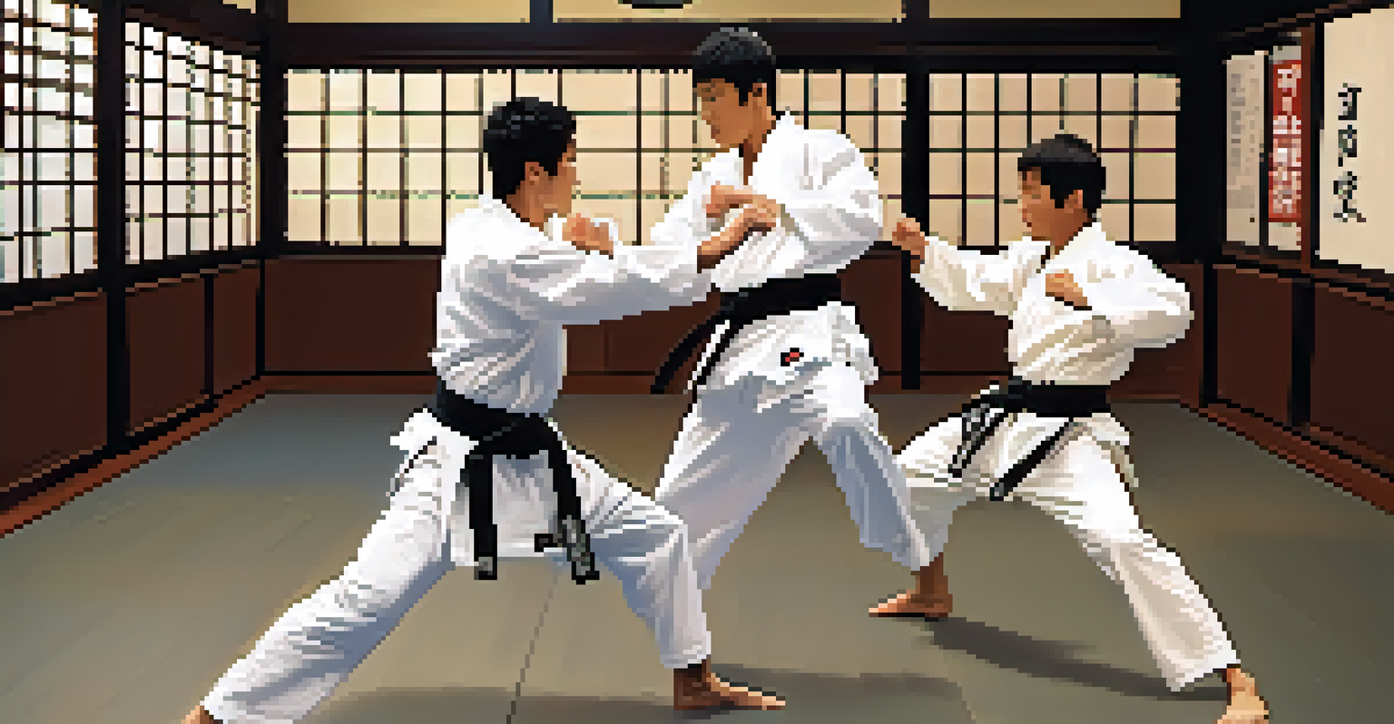 Two martial artists sparring in a dojo, one executing a high kick and the other blocking.