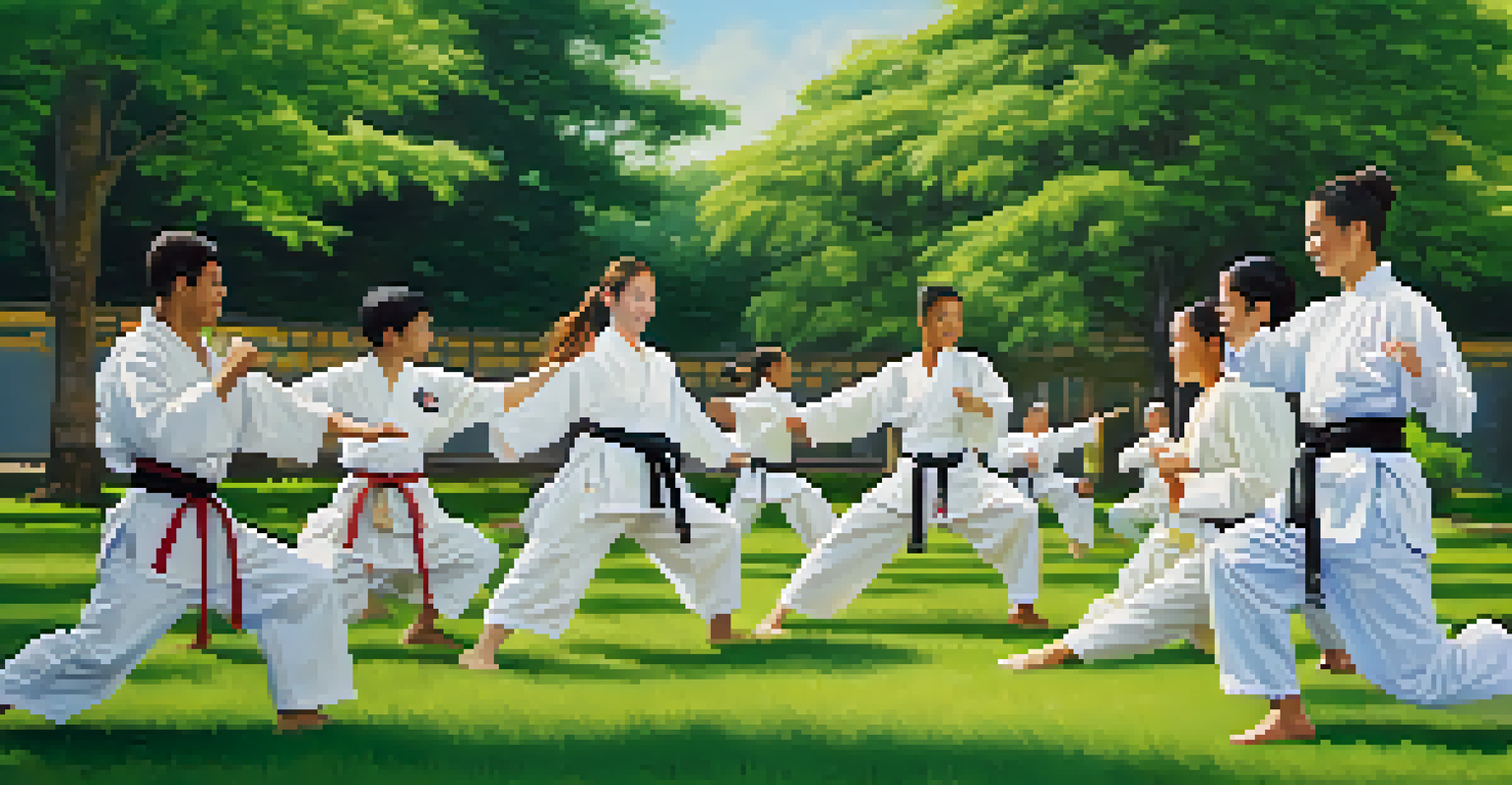 A group of martial arts students practicing together in a park, showcasing community and support.