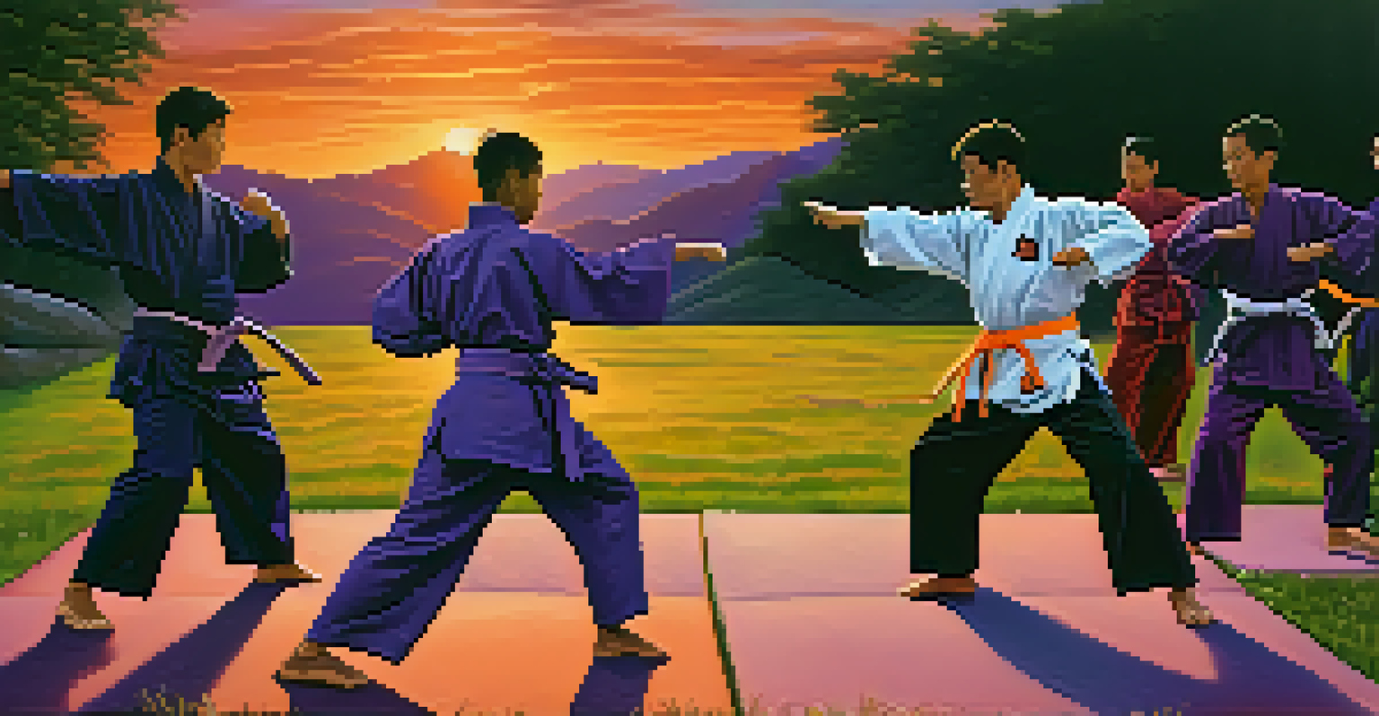 Group of martial artists practicing together outdoors at sunset, with a colorful sky in the background.