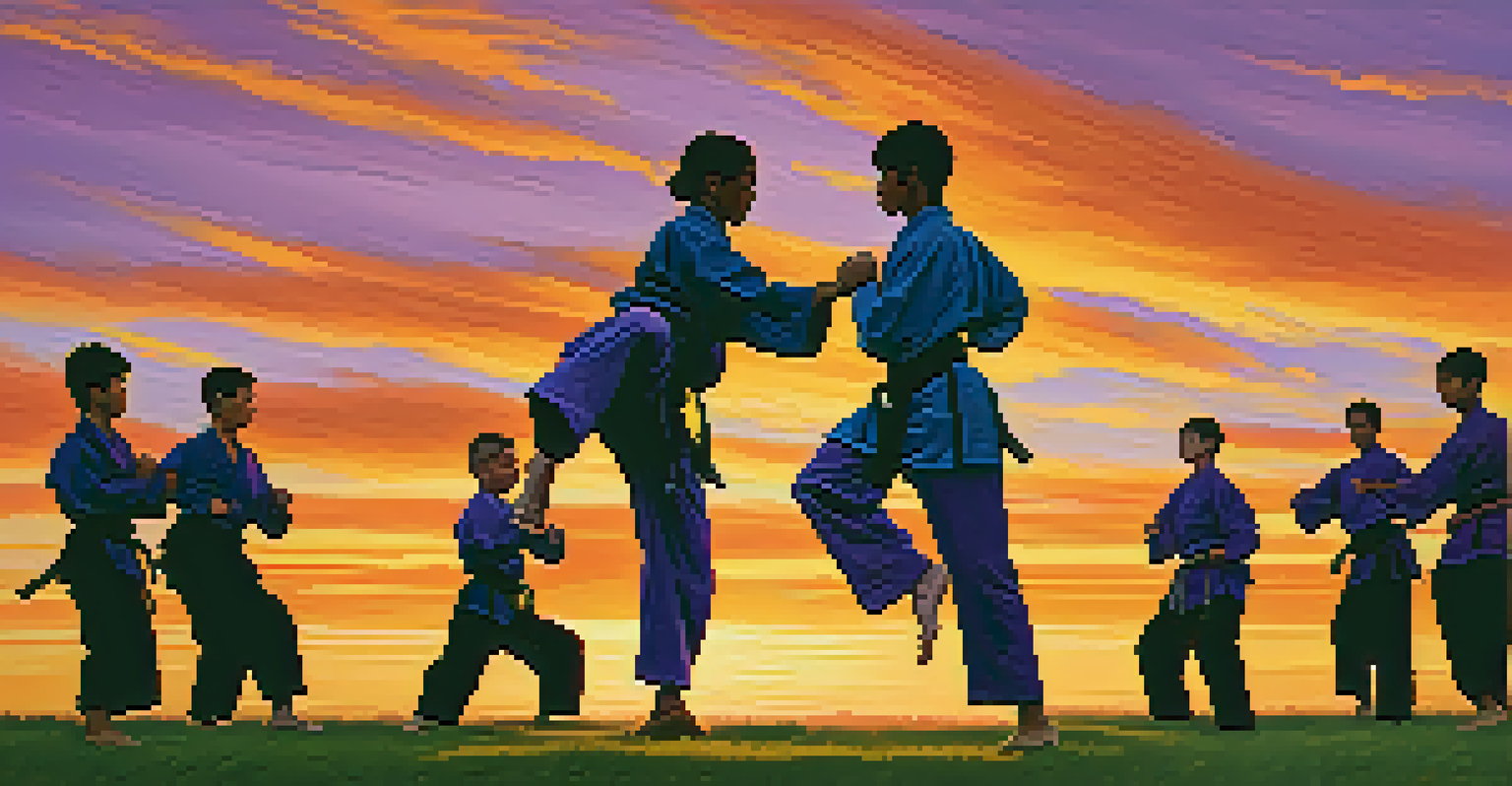 Students practicing martial arts outdoors at sunset, with a colorful sky and dynamic movements creating an engaging scene.