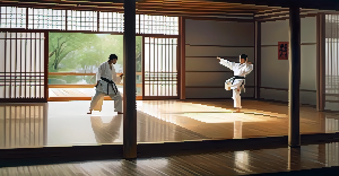 A martial artist in a white gi practicing kata in a peaceful dojo with wooden floors and natural light.