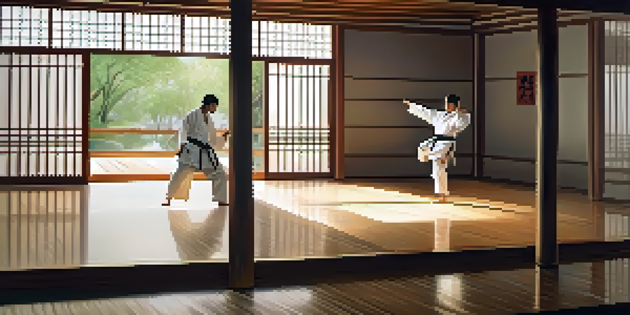 A martial artist in a white gi practicing kata in a peaceful dojo with wooden floors and natural light.
