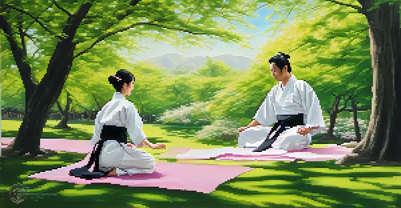 Two Aikido practitioners practicing in a cherry blossom park, surrounded by blooming flowers and greenery.