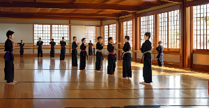 A diverse group of martial arts students practicing in a dojo at sunrise, with warm light reflecting off wooden floors.