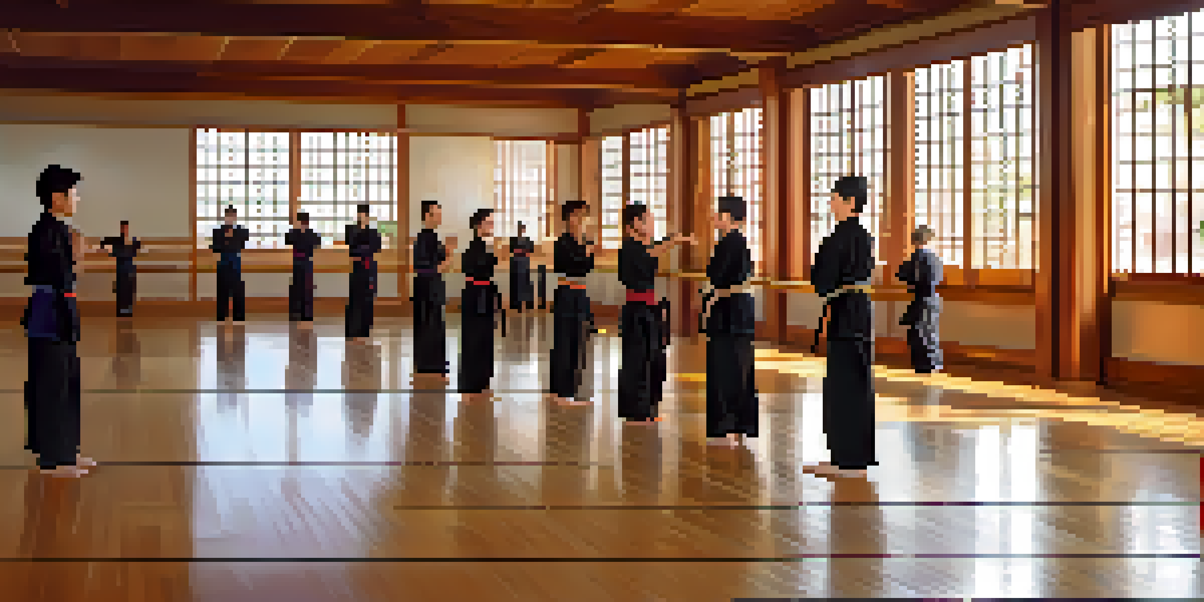A diverse group of martial arts students practicing in a dojo at sunrise, with warm light reflecting off wooden floors.