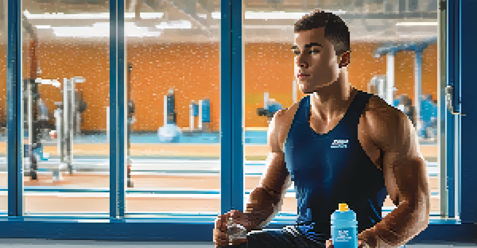 An athlete holding a water bottle filled with an electrolyte drink after training, with a training facility visible in the background.
