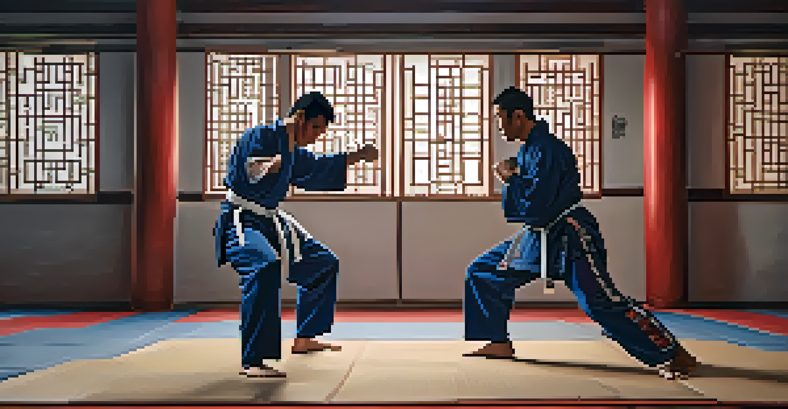 Two martial artists practicing techniques together, one demonstrating a move while the other watches closely in a dojo setting.