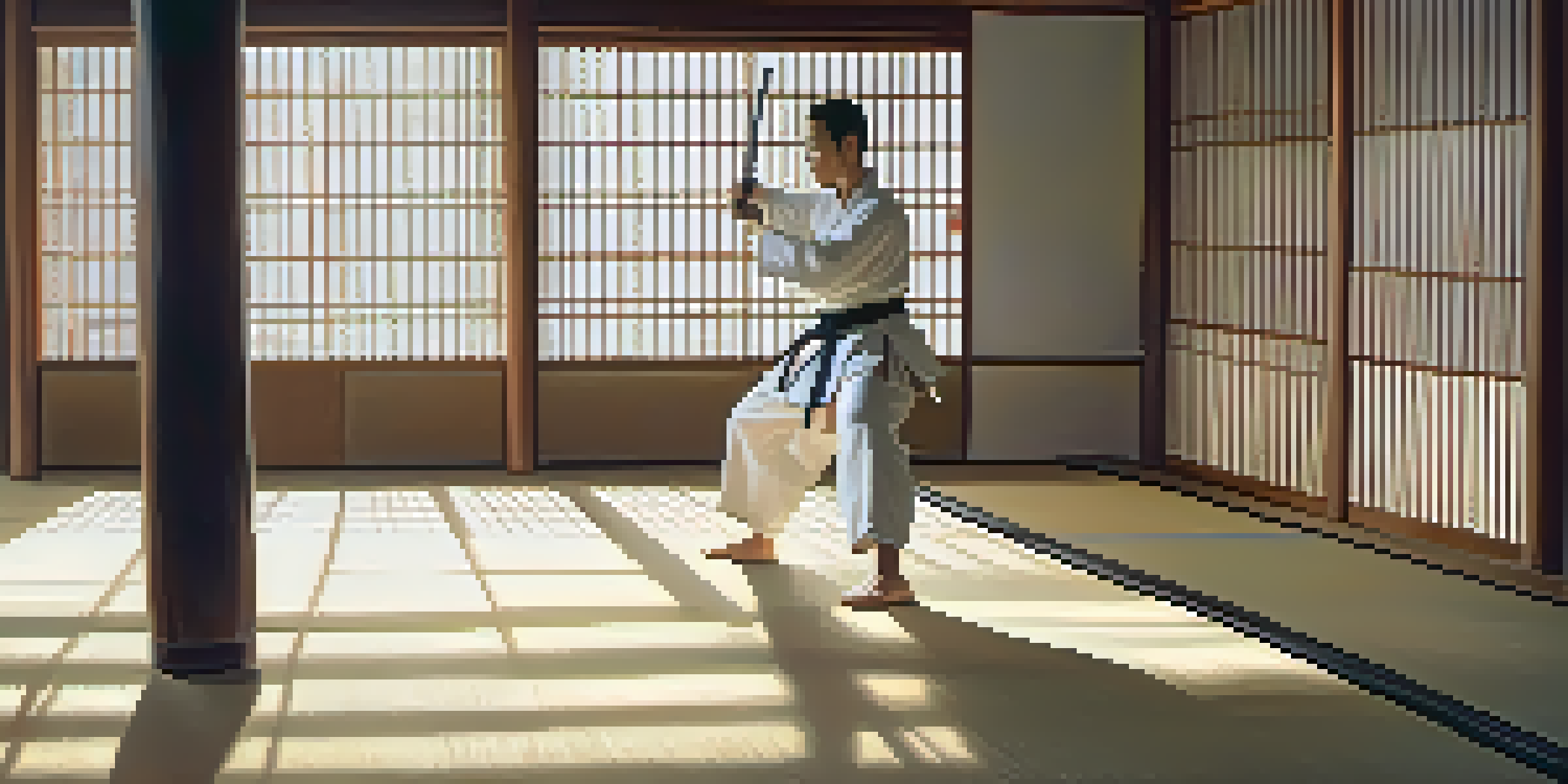 A martial artist practicing kata in a peaceful dojo with wooden floors and sunlight filtering through windows.