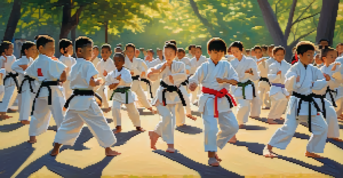 A group of diverse young people practicing martial arts outdoors in a sunny park, demonstrating focus and teamwork.