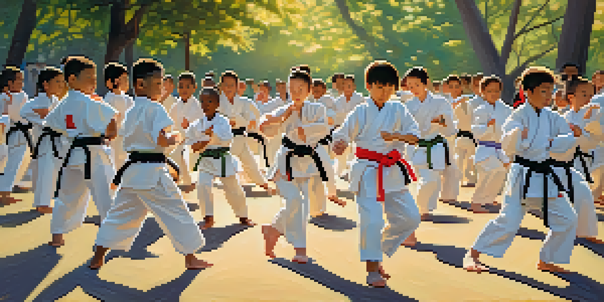 A group of diverse young people practicing martial arts outdoors in a sunny park, demonstrating focus and teamwork.
